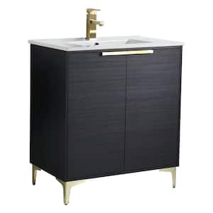 30 in. W x 18.5 in. D x 35.25 in. H Single sink Bath Vanity in Chestnut with Satin Brass  and White Ceramic Sink top