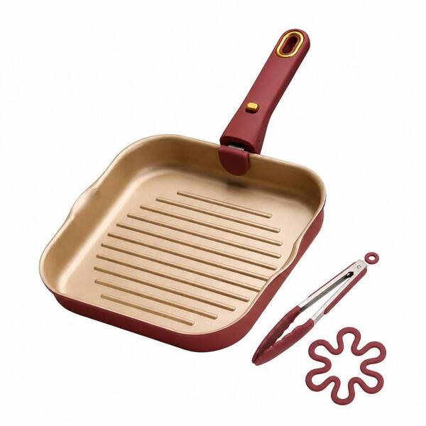 10 in. Titanium Reinforced Nonstick Grill Pan with Detachable Handle in Burgundy for All Stovetop Indoor Cooking
