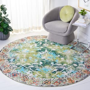 Riviera Green/Light Blue 7 ft. x 7 ft. Machine Washable Floral Geometric Round Area Rug