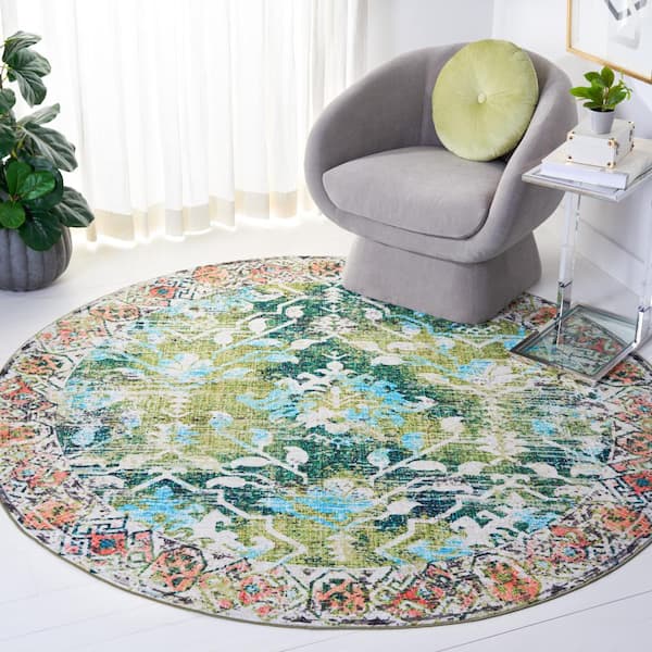 Riviera Green/Light Blue 7 ft. x 7 ft. Machine Washable Floral Geometric Round Area Rug
