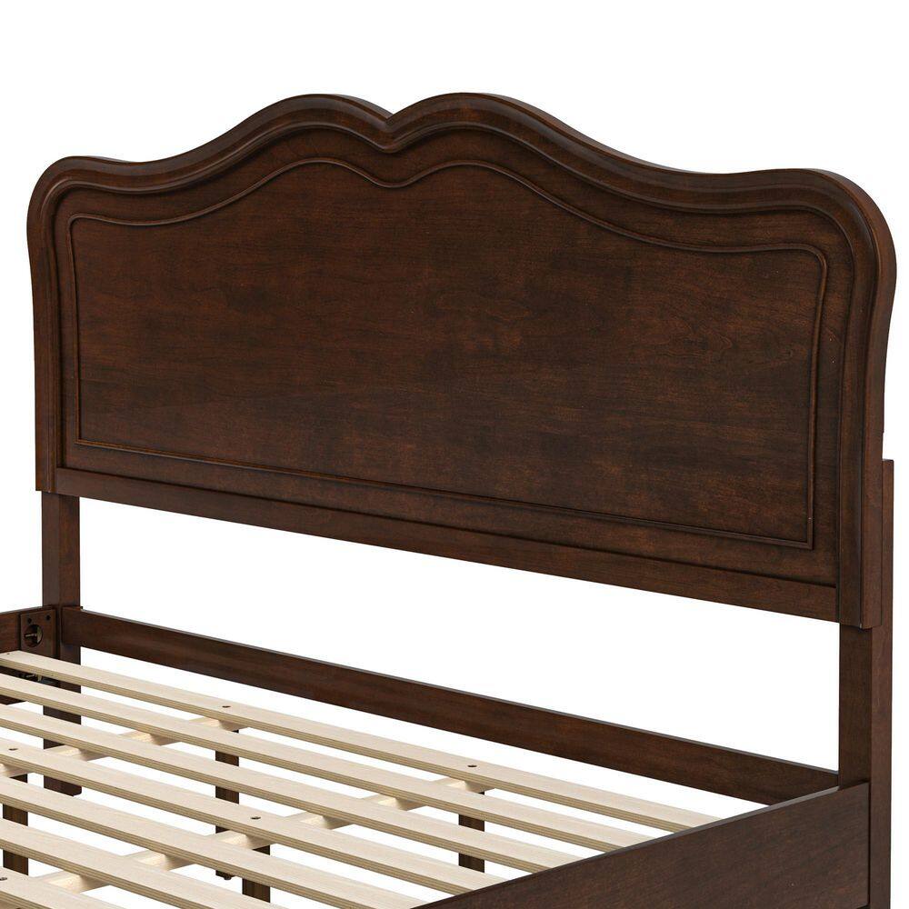 Dark Walnut Brown Mid-Century Modern Solid Wood Bed Frame King Platform Bed with Wave Headboard - thumbnail 6