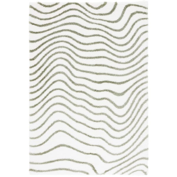 SAFAVIEH Tahoe Shag 4 ft. x 6 ft. Ivory/Green Wavy Striped Area Rug