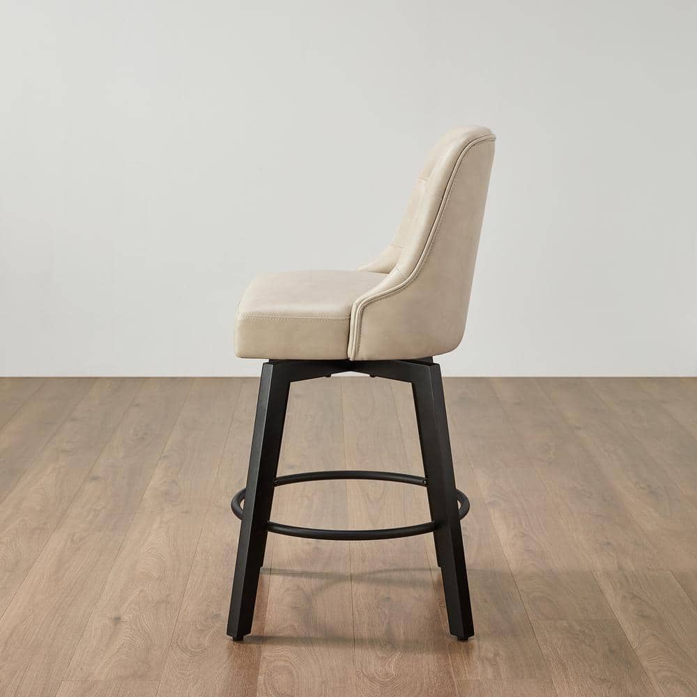 Beige Faux Leather Swivel Counter Height Barstools with Black Wood Legs, Set of 2