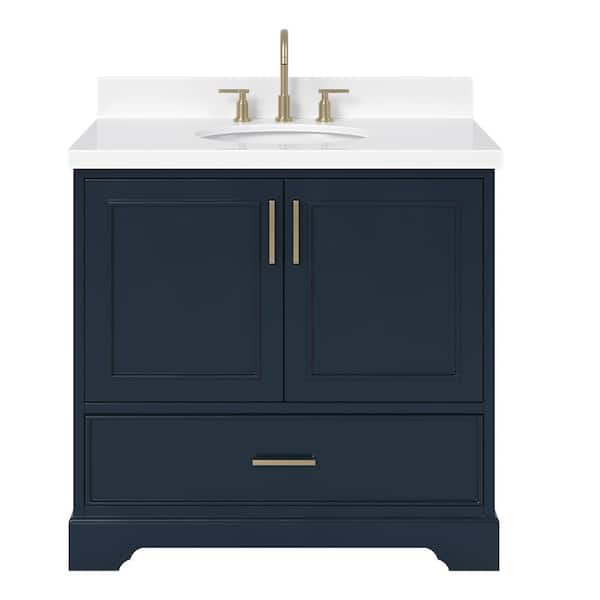 Stafford 36 in. W x 22 in. D x 36 in. H Single Sink Freestanding Bath Vanity in Midnight Blue with Pure White Quartz Top