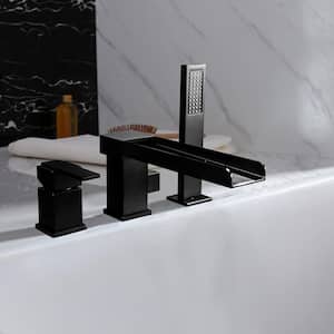 Single-Handle 3-Hole Waterfall Freestanding Tub Faucet with Hand Shower in Matte Black