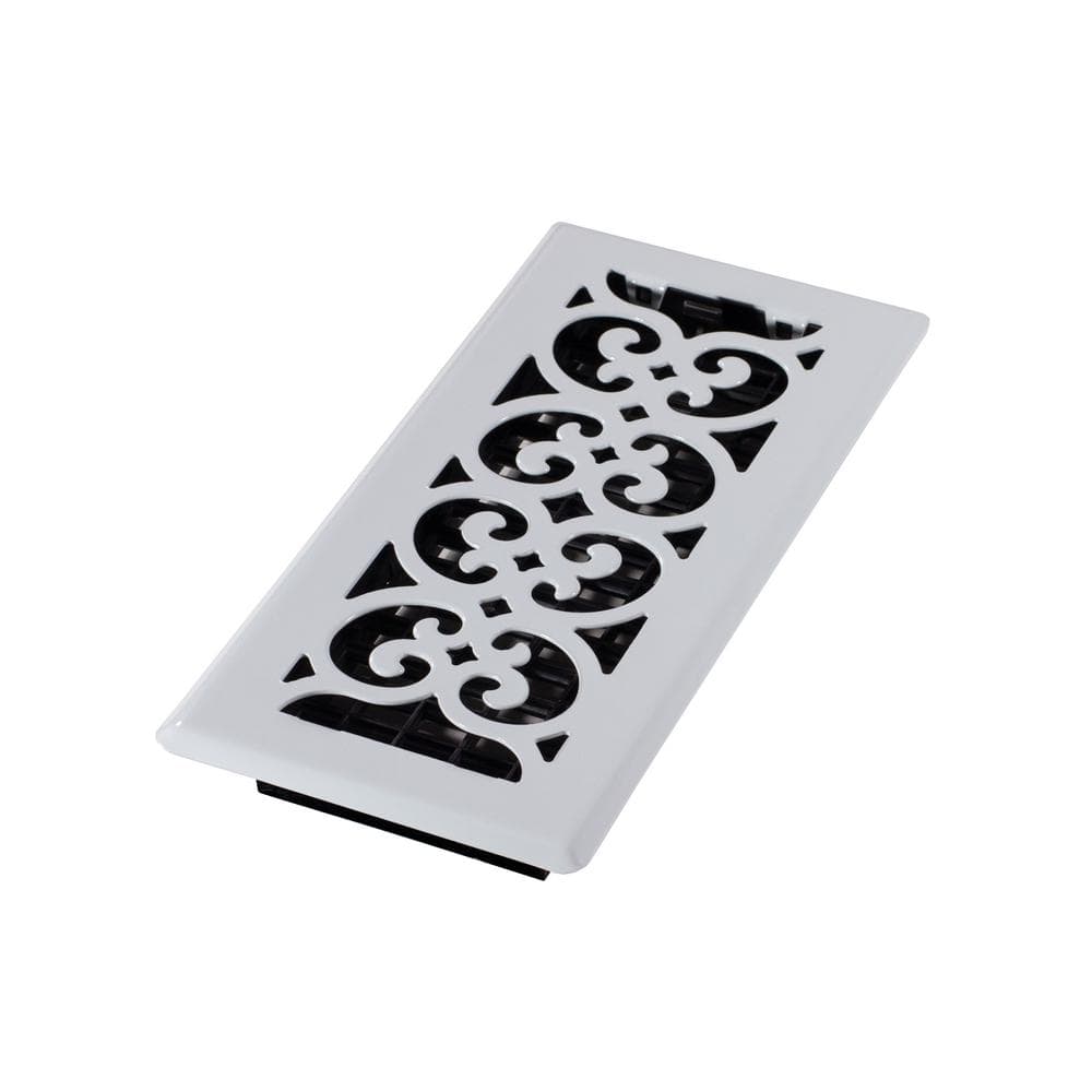 White Scroll Design Steel Floor Register, 4x10 Inch