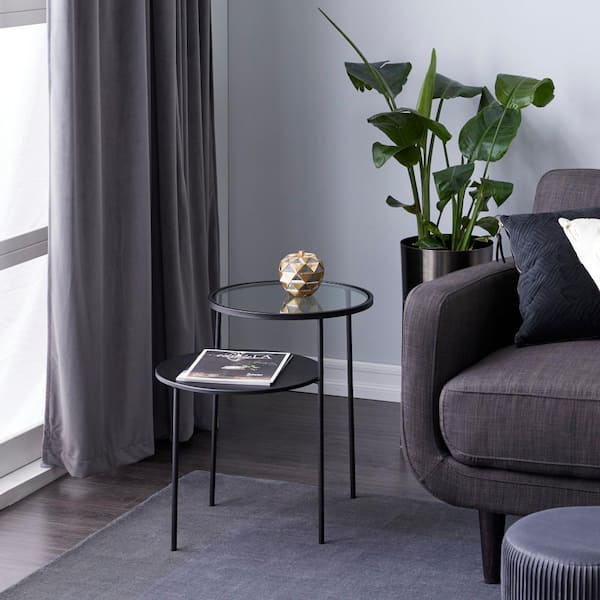 Litton Lane 23 in. Black Round Glass 2-Tier End Table with Metal Top