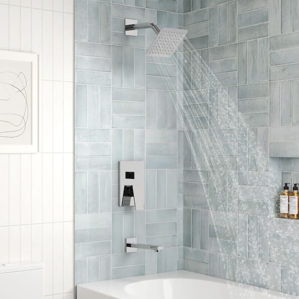 6 in. Modern Minimalist Square Single Handle 2-Spray Tub and Shower Faucet 2.5 GPM in Chrome Valve Included