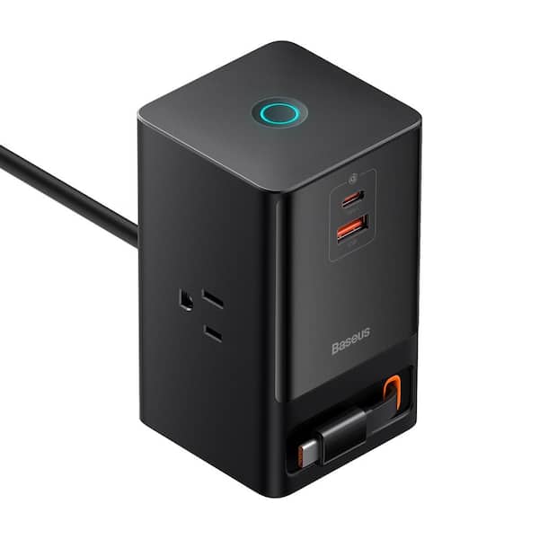 Baseus PowerCombo of 5-Outlets - 3AC, 1 USB-A and 1 Type C, 65W Digital PowerStrip with 1.5m Retractable power cord Black.