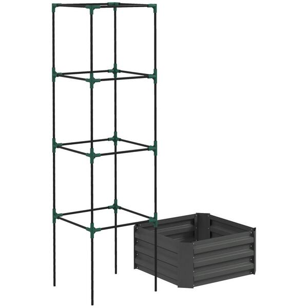 Otryad 24 in. x 24 in. x 12 in. Gray Galvanized Raised Garden Bed, Outdoor Planter Box with Trellis Tomato Cage and Open Bottom