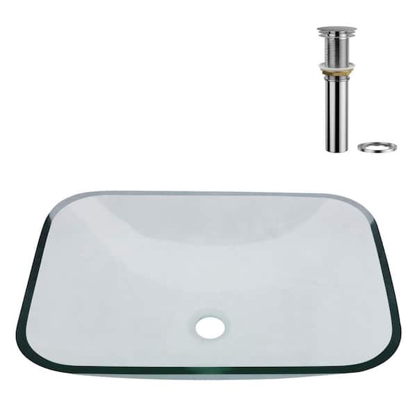 20.24 in. L x 14.45 in. H Above Countertop Rectangular Bathroom Glass Vessel Sink with Drainer in Transparent Green