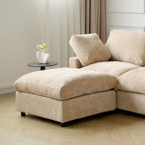 34 in. Armless Chenille Oversized Modular Sofa Ottoman with Removable Covers for Apartment in Khaki