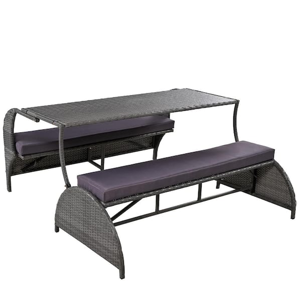 Zeus & Ruta Grey HDPE Iron Plastic Outdoor Conversation Set with Gray Cushions, Loveseat and Convertible to 4 Seats and a Table