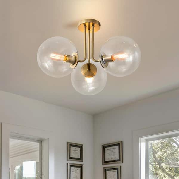 EDISLIVE Lueck 21.99 in. 3-Light Modern Sputnik Gold Semi Flush Mount with Globe Clear Glass