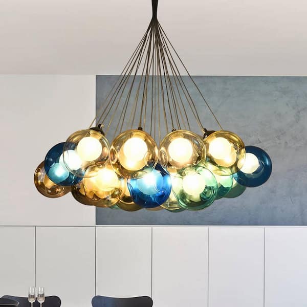 19 Light Chrome Modern Bubble Cluster Globes Chandelier for Bedroom, Colorful Dimpled Blown Glass Hanging Ceiling Light