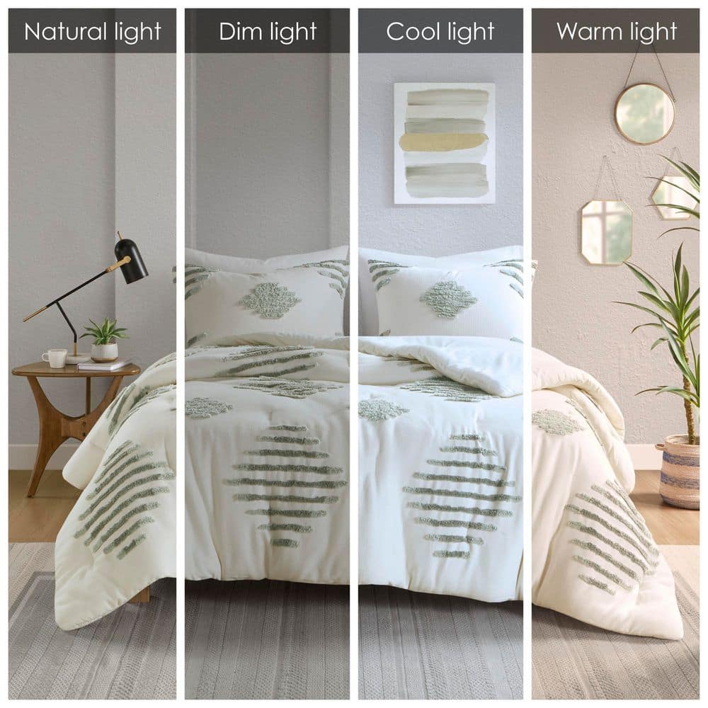 Ivory and Green Cotton Blend Chenille Full Comforter Set