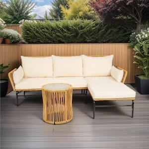 3-Pieces Natural Yellow Wicker L Shaped Outdoor Sectional Set with Cream Cushion and Lovely Table