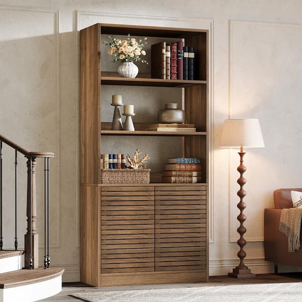 BYBLIGHT Eulas 67.7 in. Tall Brown 3-Shelf Wood Bookcase with Open Display Shelf and Cabinet for Living Room, Study Room