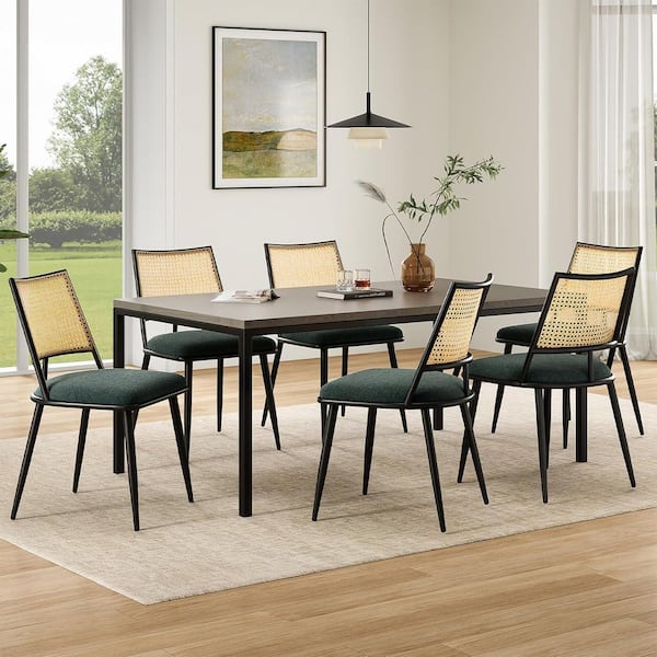 Lirago Dark Green Dining Chair with Rattan Backrest and Boucle Upholstered Fabric (Set of 2)