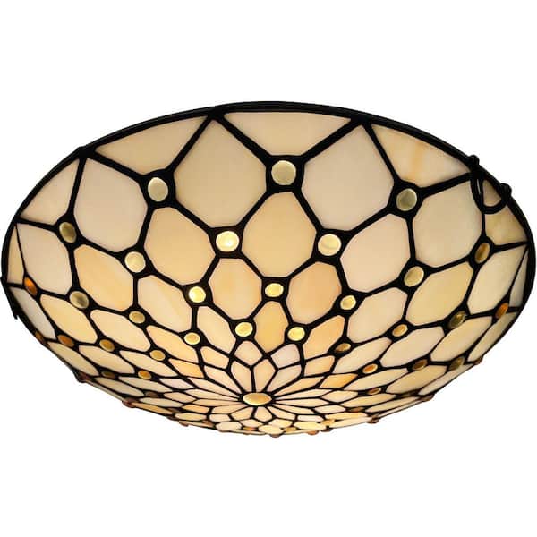 12 in. 2-Light White Flush Mount with Amber Gold Stained Glass Shade and No Bulbs Included 1-Pack