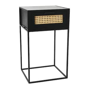 12 in. Wide Metal and Mango Wood End Table with Woven Cane in Black