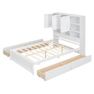 White Wood Frame Full Size Platform Bed with Cabinets, Shelves, and 4 Drawers
