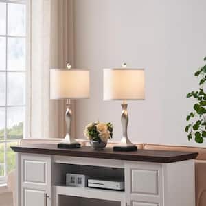 25.6 in. Sliver Leaf Table Lamp Set with USB Ports, AC Outlet and LED Bulbs (Set of 2)