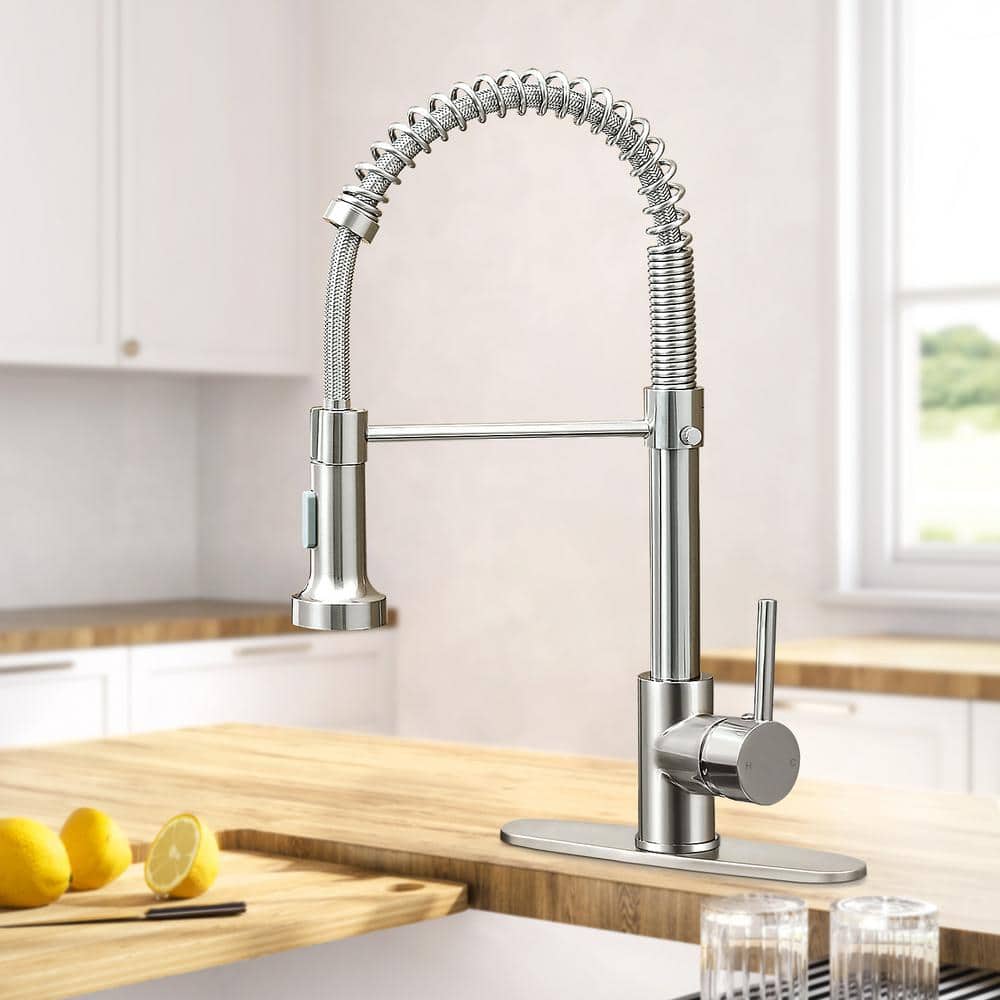 Brushed Nickel Pull-Down Kitchen Faucet with Deck Plate