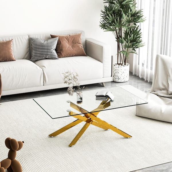 39.37 in. Rectangle Clear Tempered Glass Coffee Table with Golden Metal Legs, Modern Living Room Furniture