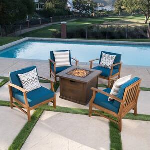 Havana Teak Brown 5-Piece Wood Patio Fire Pit Seating Set with Blue Cushions