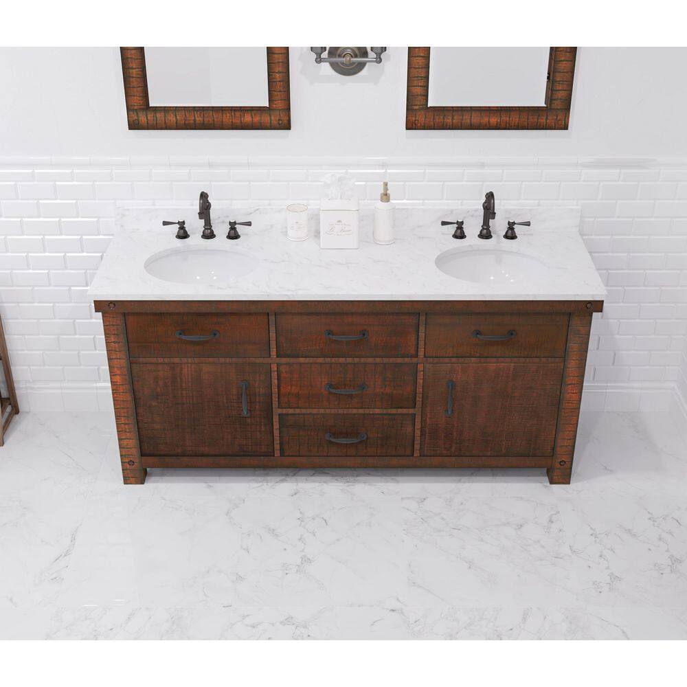 Aberdeen 72" Double Sink Rustic Sierra Vanity with Carrara White Marble Top