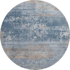 Mayfield Premium Machine Washable Abstract AMF2146 Denim 8 ft. x 8 ft. Round Rug