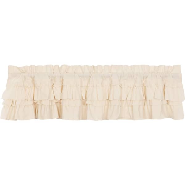 VHC Brands Muslin Ruffled 72 in. W x 16 in. L Cotton Ruffled Edge Rod Pocket Farmhouse Kitchen Curtain Valance in Natural White