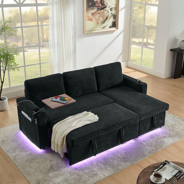 Ives 85 in. Chenille Upholstered Convertible Pull-Out Sectional Sofa in Black with Retractable Table, USB Ports, LED