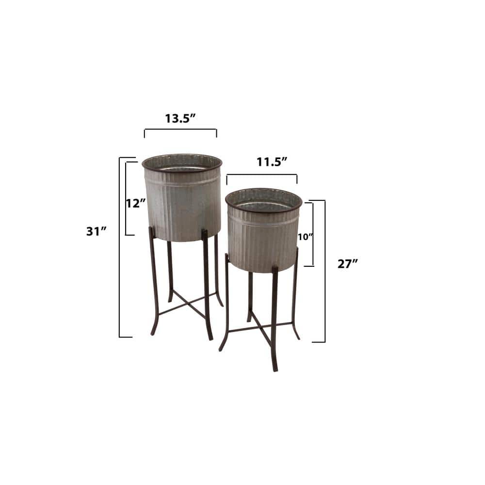 Silver and Black Corrugated Metal Round Planters with Stands, Set of 2