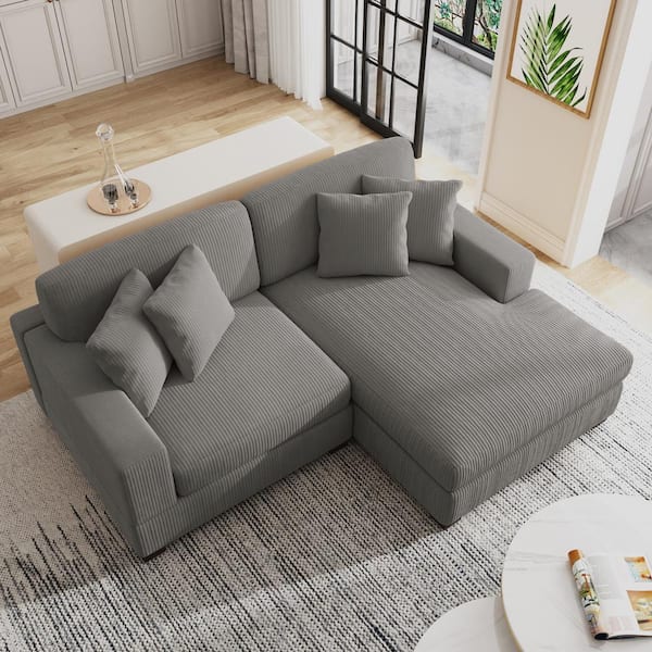 83.4 in. W Square Arm 2-Piece Corduroy Fabric L-Shaped Modern Sectional Sofa in Light Gray with 4 Pillows