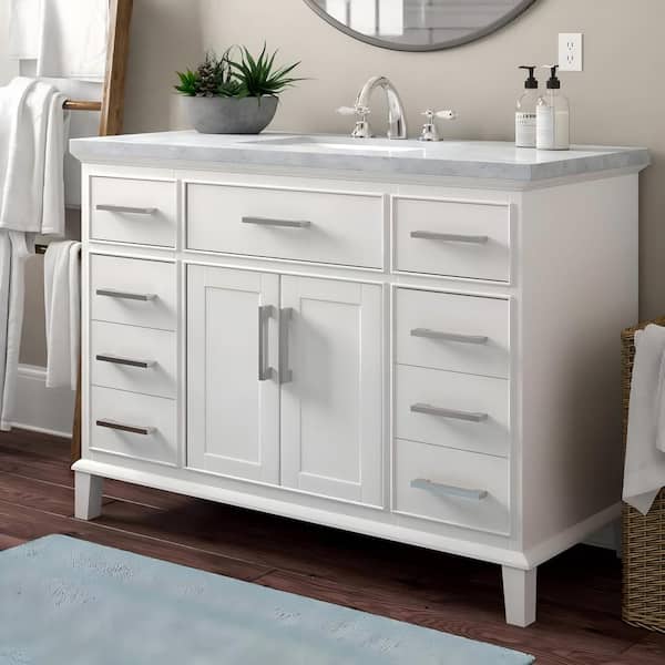 stufurhome 48 in. Leigh Single Sink Bathroom Vanity in White with Carrara Marble Vanity Top in White with White Basin