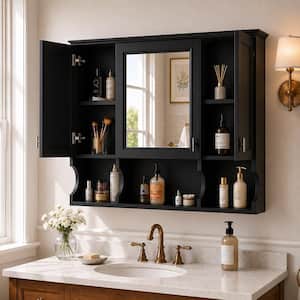 John 35 in. W x 28.7 in. H Rectangular MDF Surface Mount Framed Medicine Cabinet with Mirror in Black