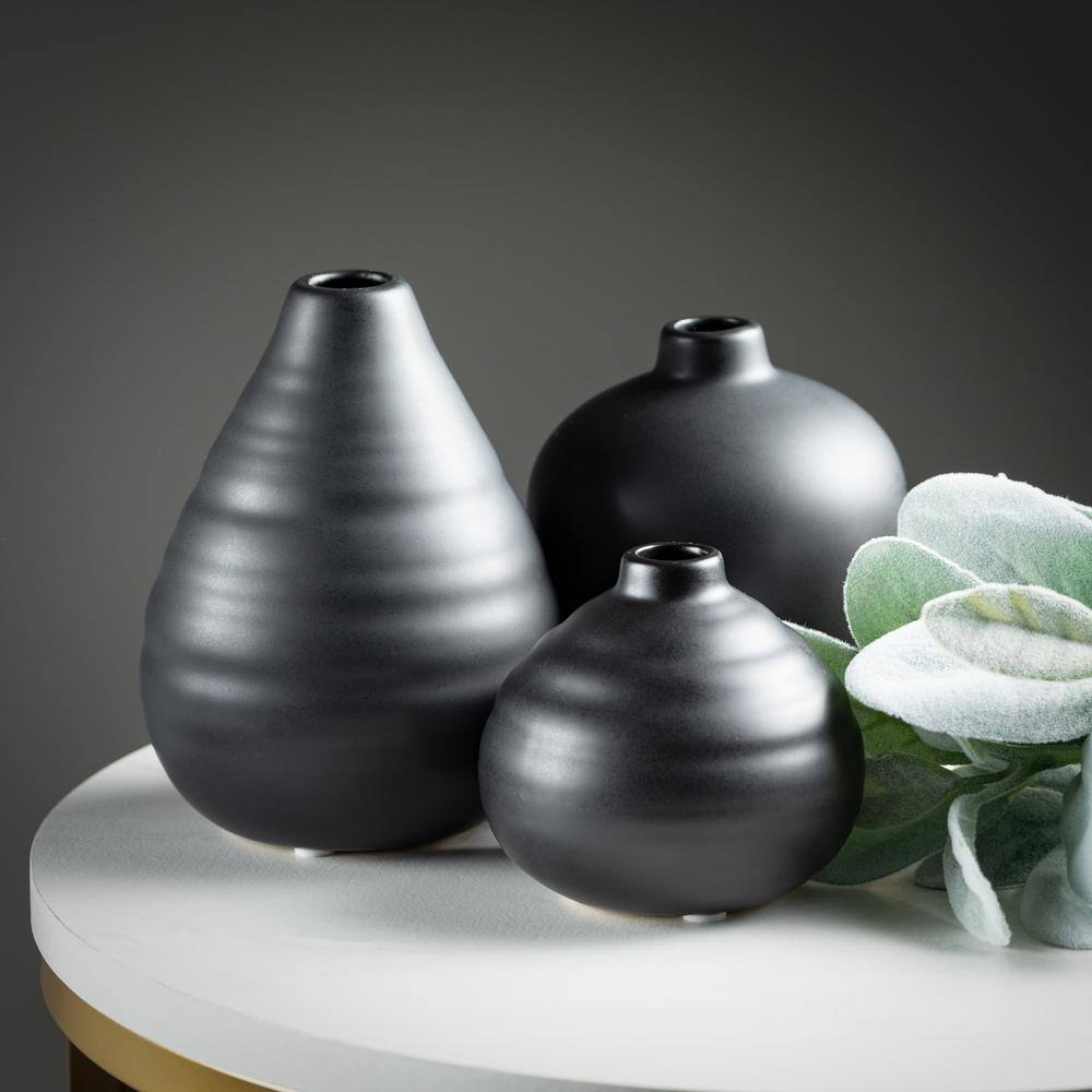 Matte Black Ceramic Bud Vase Trio, 9" x 6.5" Modern Home Decor