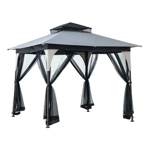 9.5 ft. x 9.5 ft. Soft Top Outdoor Steel Frame Gazebo Canopy with Double Roof and Nettting for Backyard, Tan and Black