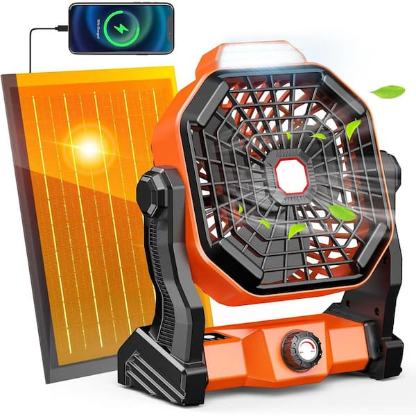 Solar Powered 8-Inch Rechargeable Camping Fan with 10800mAh Batt in Black with LED Lantern and Solar Panel