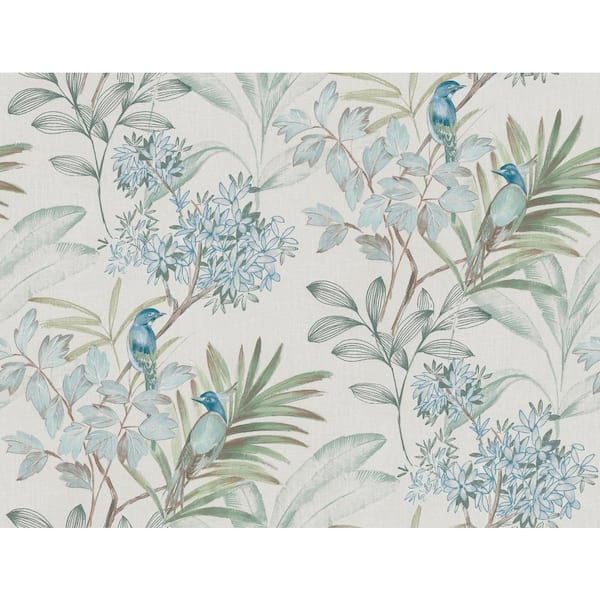 Turquiose Blue Handpainted Songbird Matte Non Woven Paper Peel and Stick Wallpaper Roll