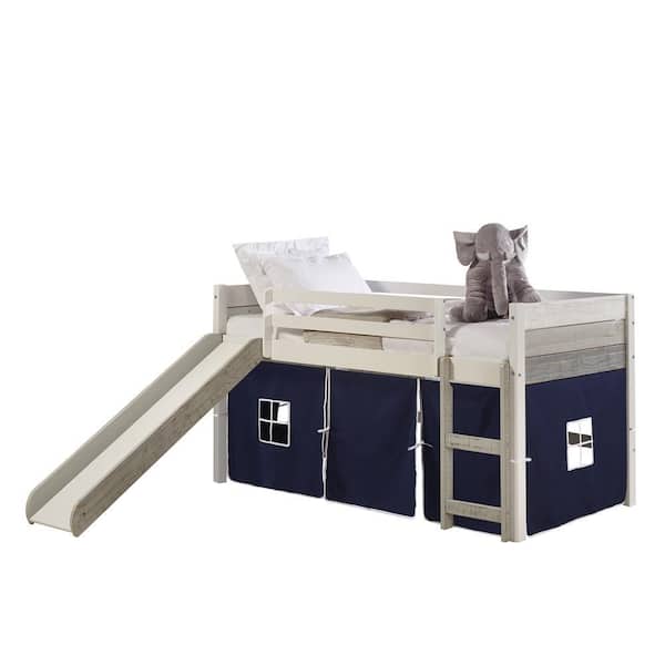 Donco Kids Grey and White Twin Loft Bed with Ladder, Slide and Tent