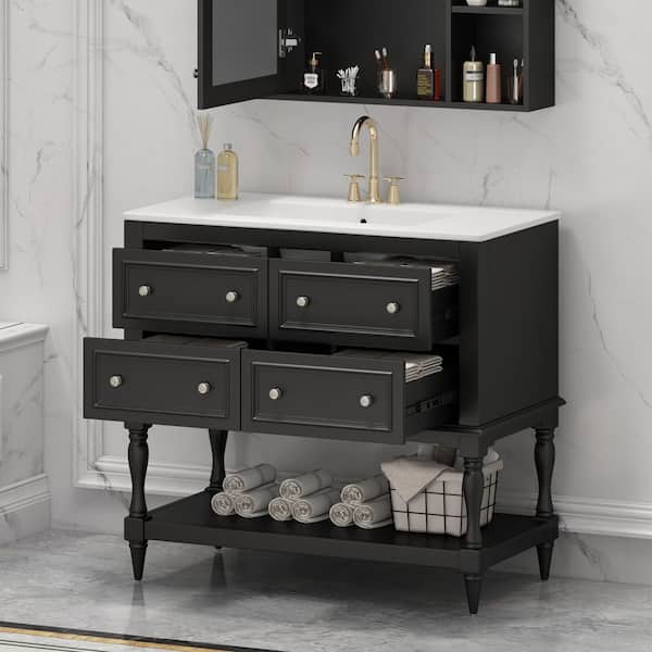 36 in. Freestanding Single Sink Black Bath Vanity with White Ceramic Top
