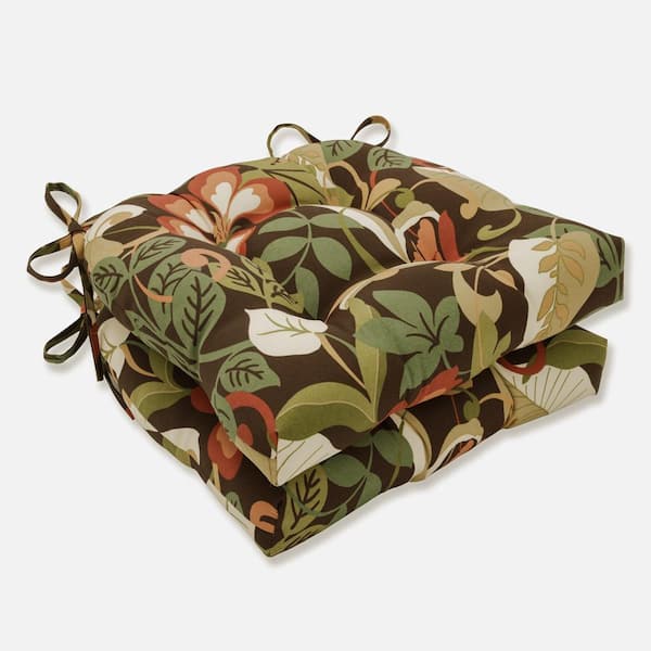 Pillow Perfect Floral 17.5 x 17 Outdoor Dining Chair Cushion in Brown/Green (Set of 2)