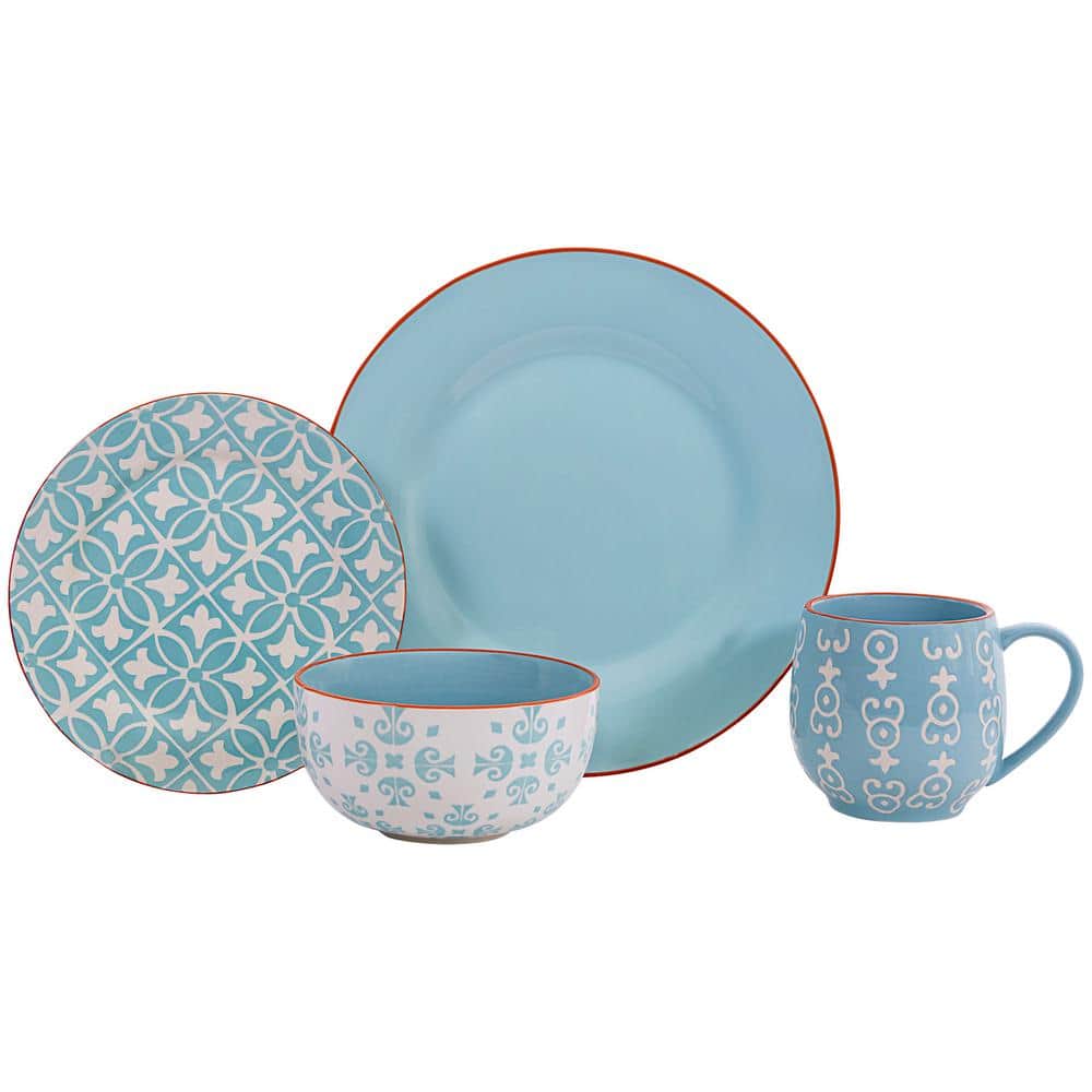 BAUM Malaga 16-Piece Stoneware Dinnerware set with Service for 4-People, Blue and white -  MALA16