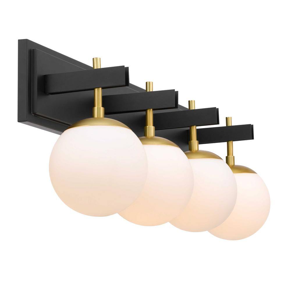 Black and Brass 4-Light Vanity Light with White Glass Orbs