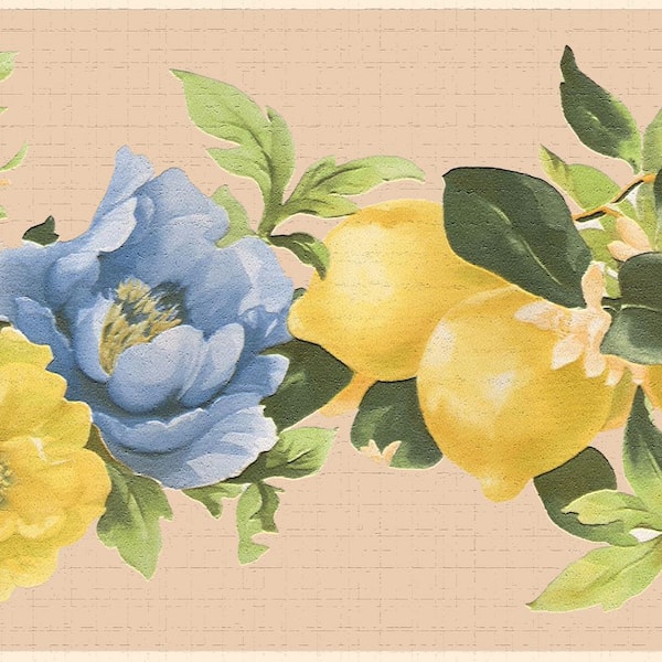 Dundee Deco Falkirk Dandy II Yellow Green Blue Lemons Flowers Floral Peel and Stick Wallpaper Border