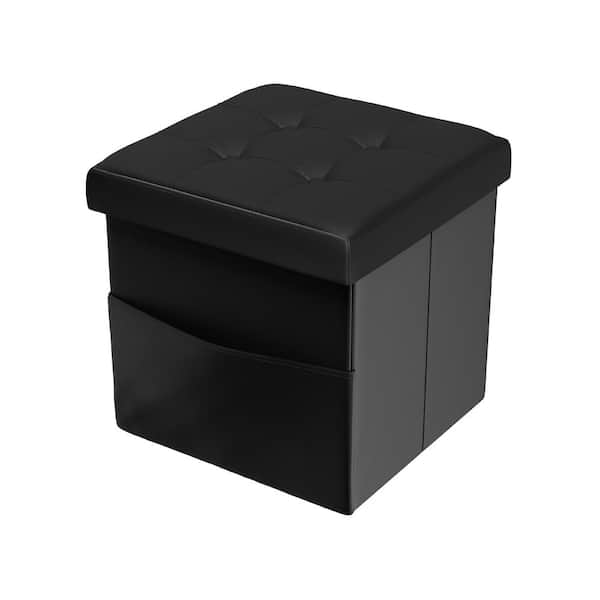 Lavish Home Black Faux Leather Foldable Storage Cube Ottoman with Pocket