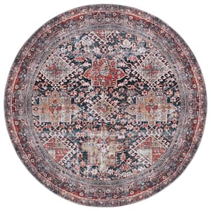 Tucson Navy/Rust 4 ft. x 4 ft. Machine Washable Floral Border Round Area Rug